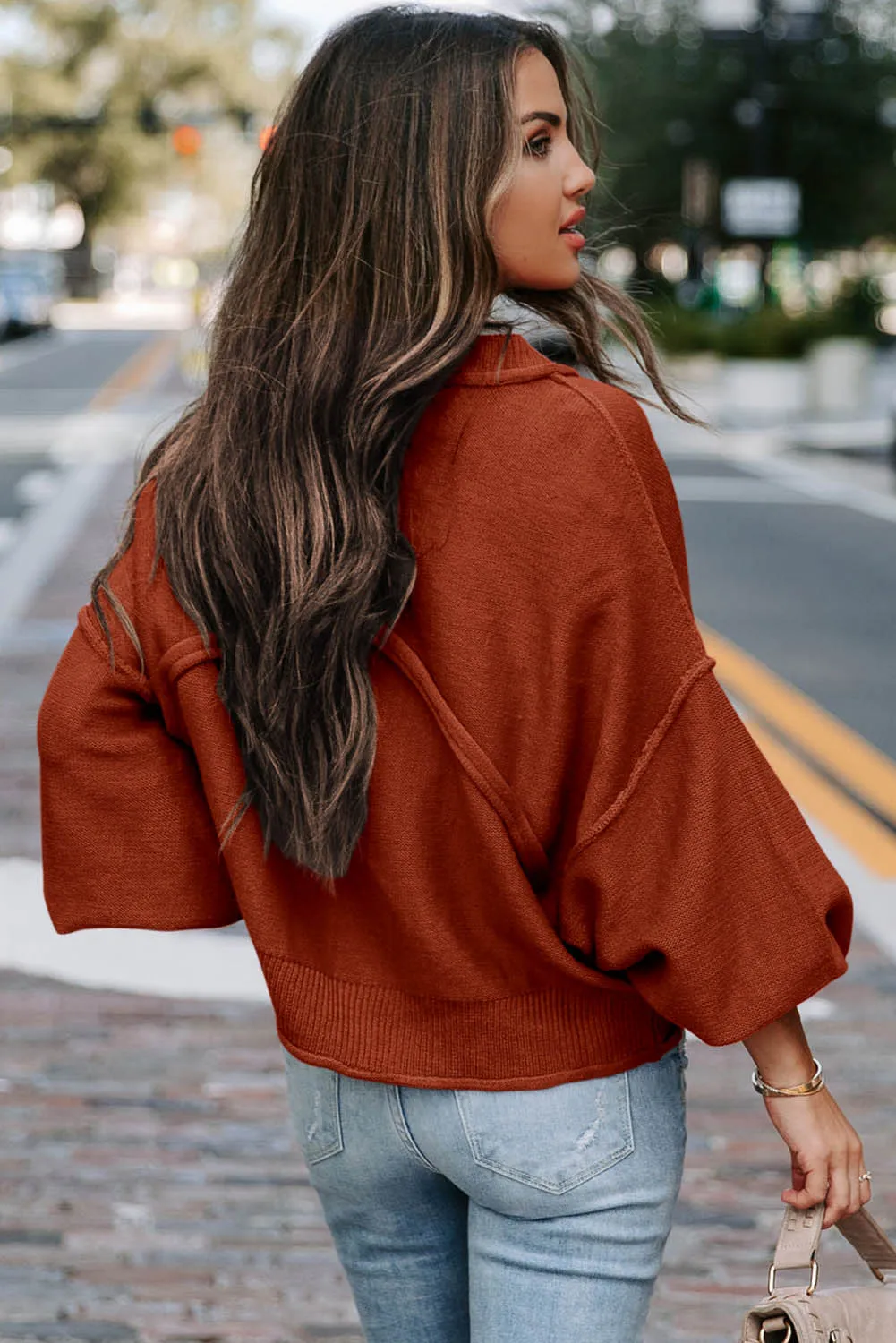 Orange Raw Edge Patch Pocket Exposed Seam Loose Sweater