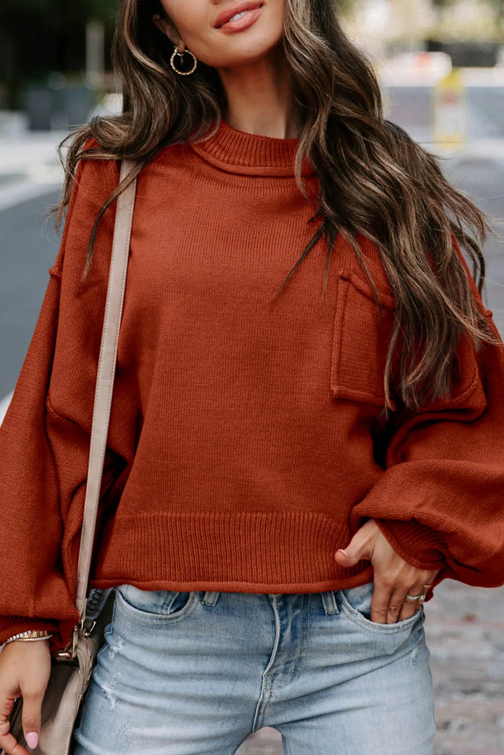 Orange Raw Edge Patch Pocket Exposed Seam Loose Sweater
