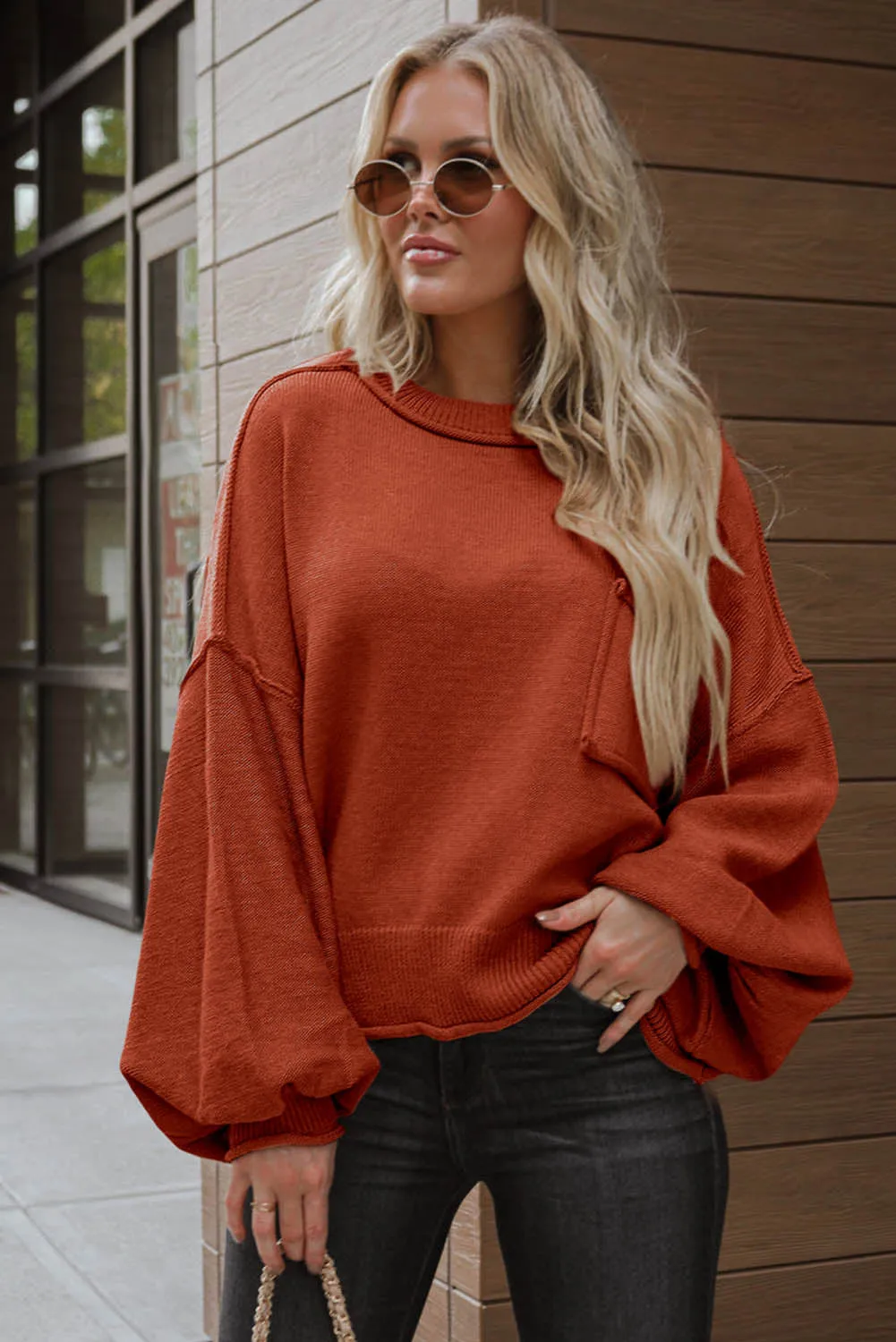 Orange Raw Edge Patch Pocket Exposed Seam Loose Sweater