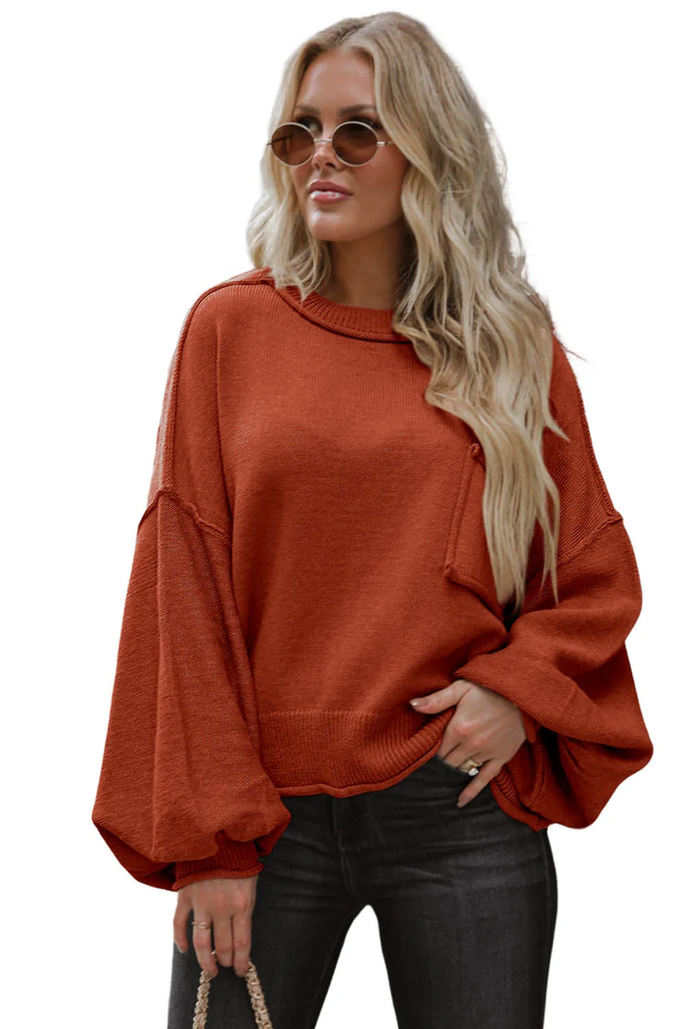 Orange Raw Edge Patch Pocket Exposed Seam Loose Sweater