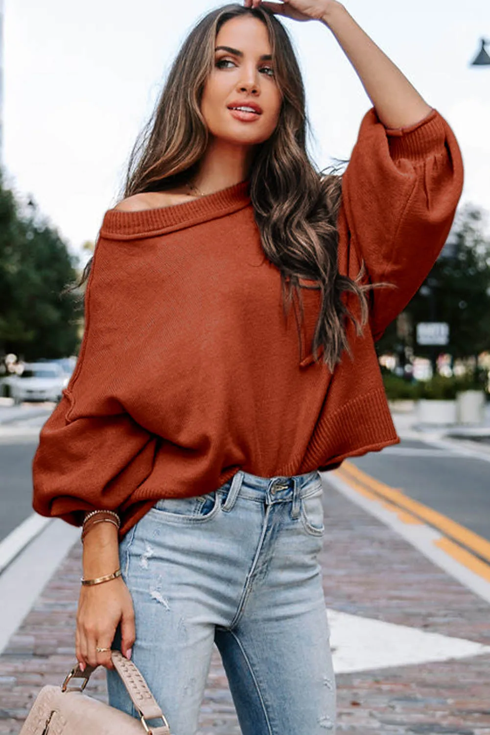 Orange Raw Edge Patch Pocket Exposed Seam Loose Sweater