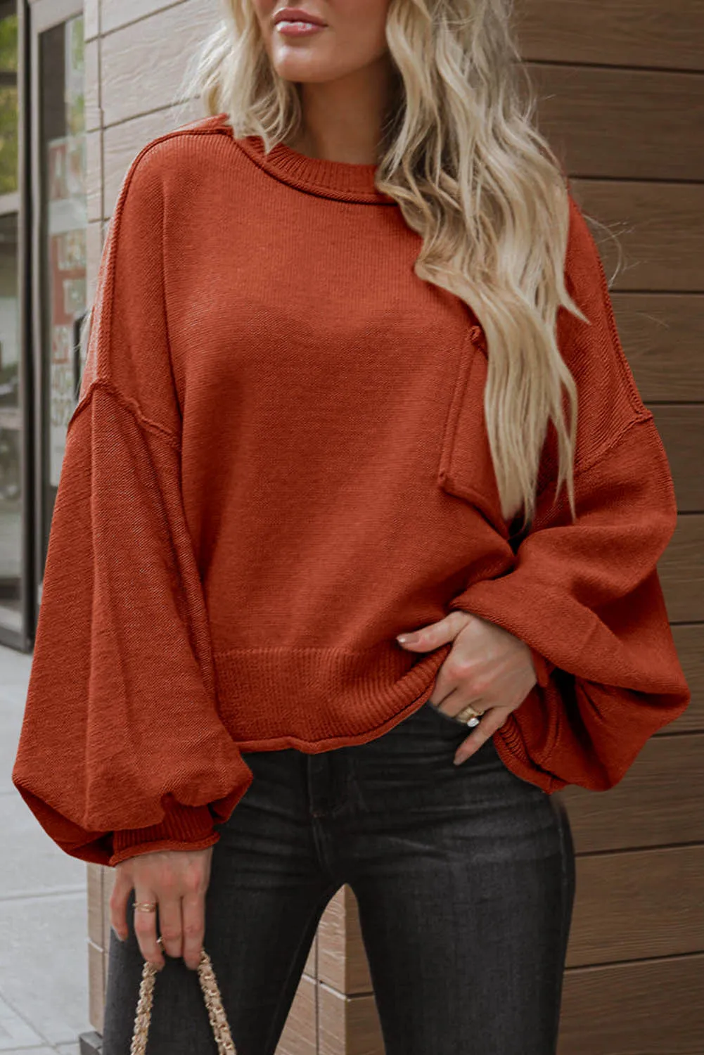 Orange Raw Edge Patch Pocket Exposed Seam Loose Sweater