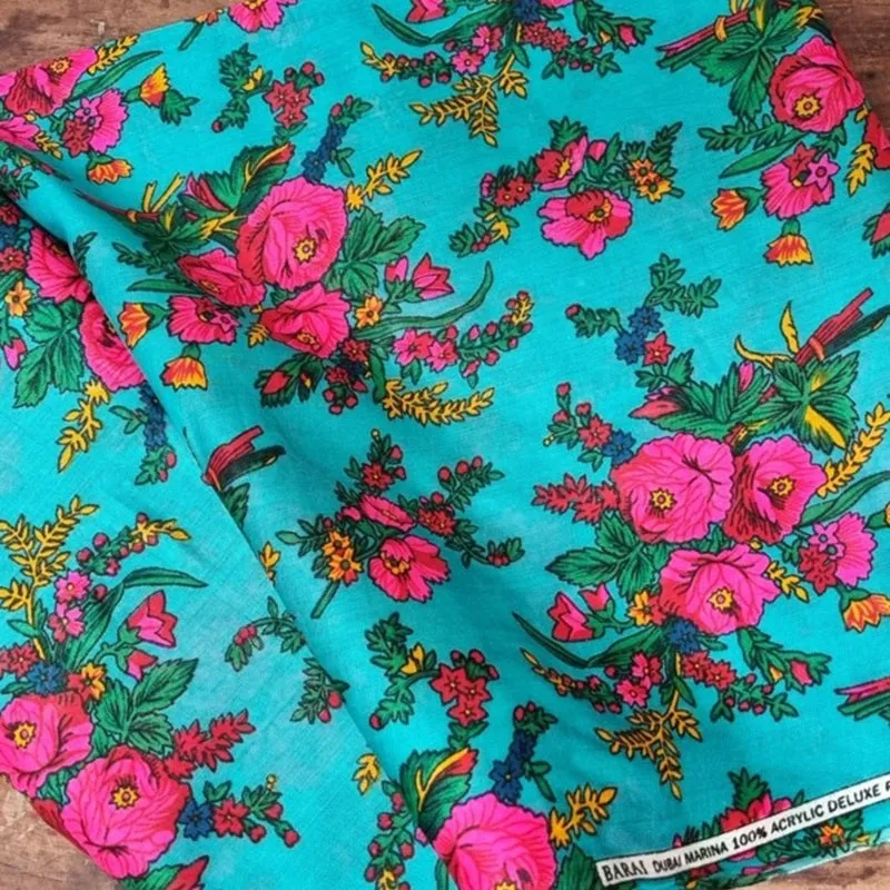 Oriental deluxe printed acrylic serge fabric with rose bouquet, tribal-ethnic fabric for DIY fashion projects, per running meter