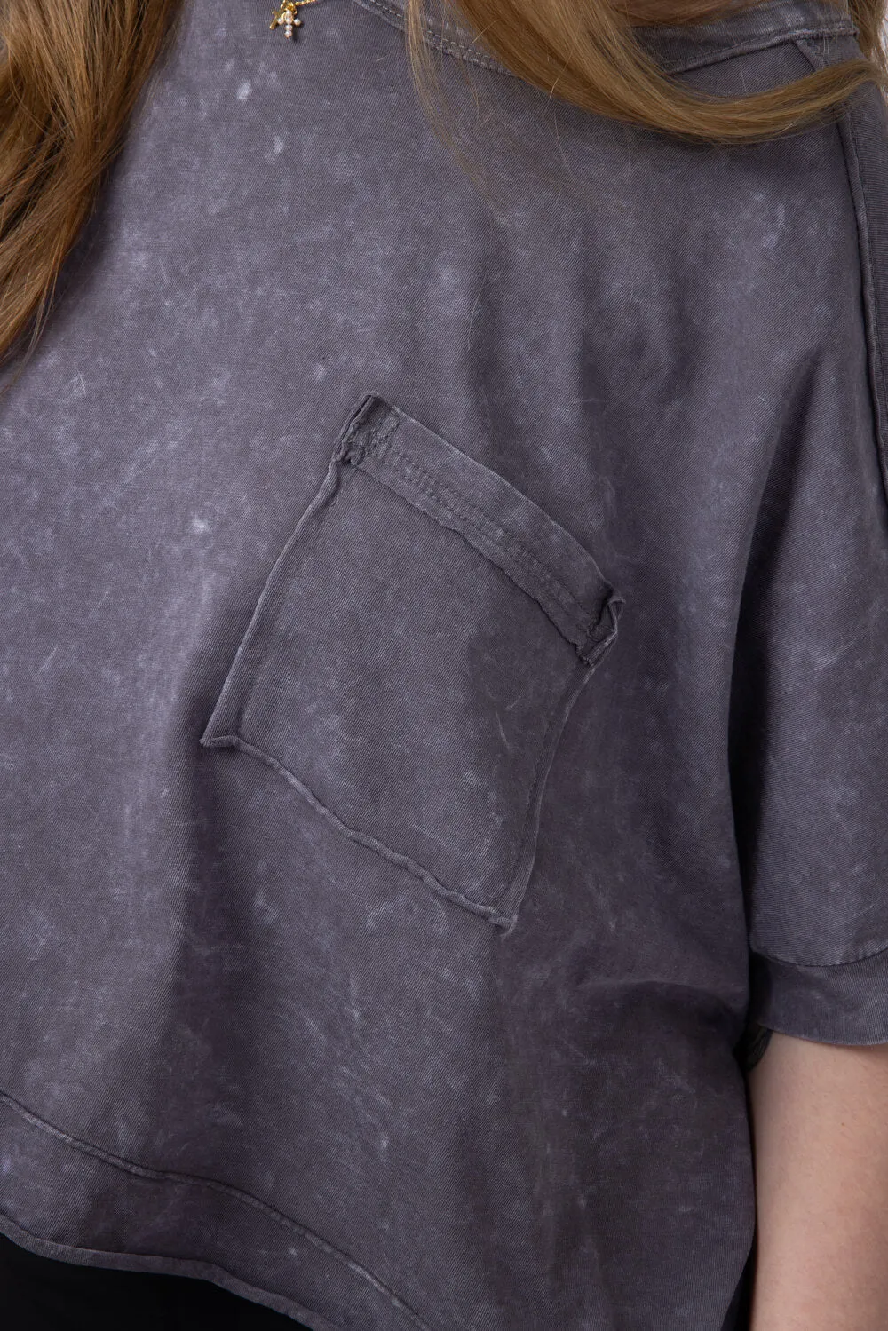Oversized Cropped Mineral Wash Knit T-Shirt for Women in Black | NT11429-BLACK