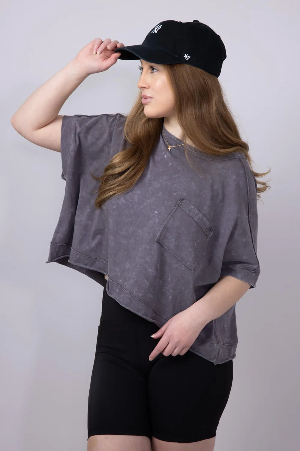 Oversized Cropped Mineral Wash Knit T-Shirt for Women in Black | NT11429-BLACK
