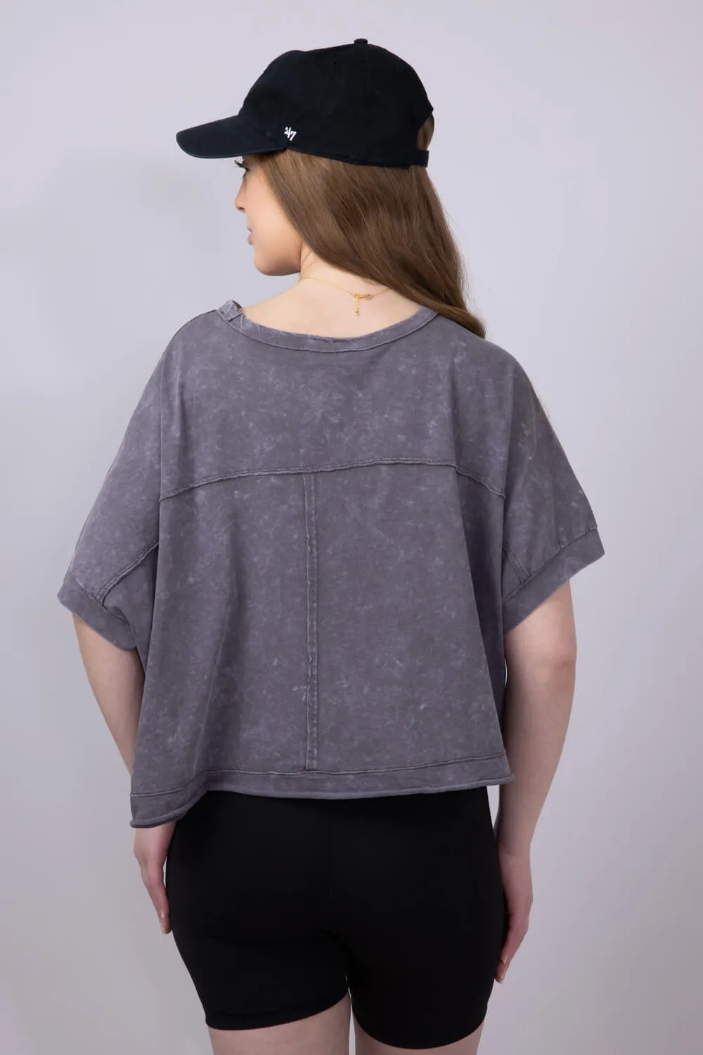 Oversized Cropped Mineral Wash Knit T-Shirt for Women in Black | NT11429-BLACK