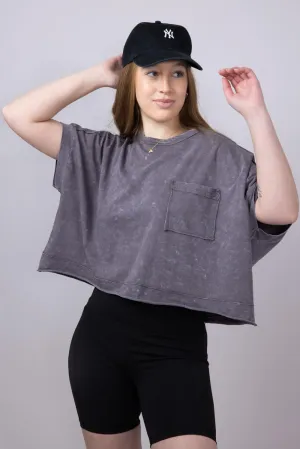 Oversized Cropped Mineral Wash Knit T-Shirt for Women in Black | NT11429-BLACK