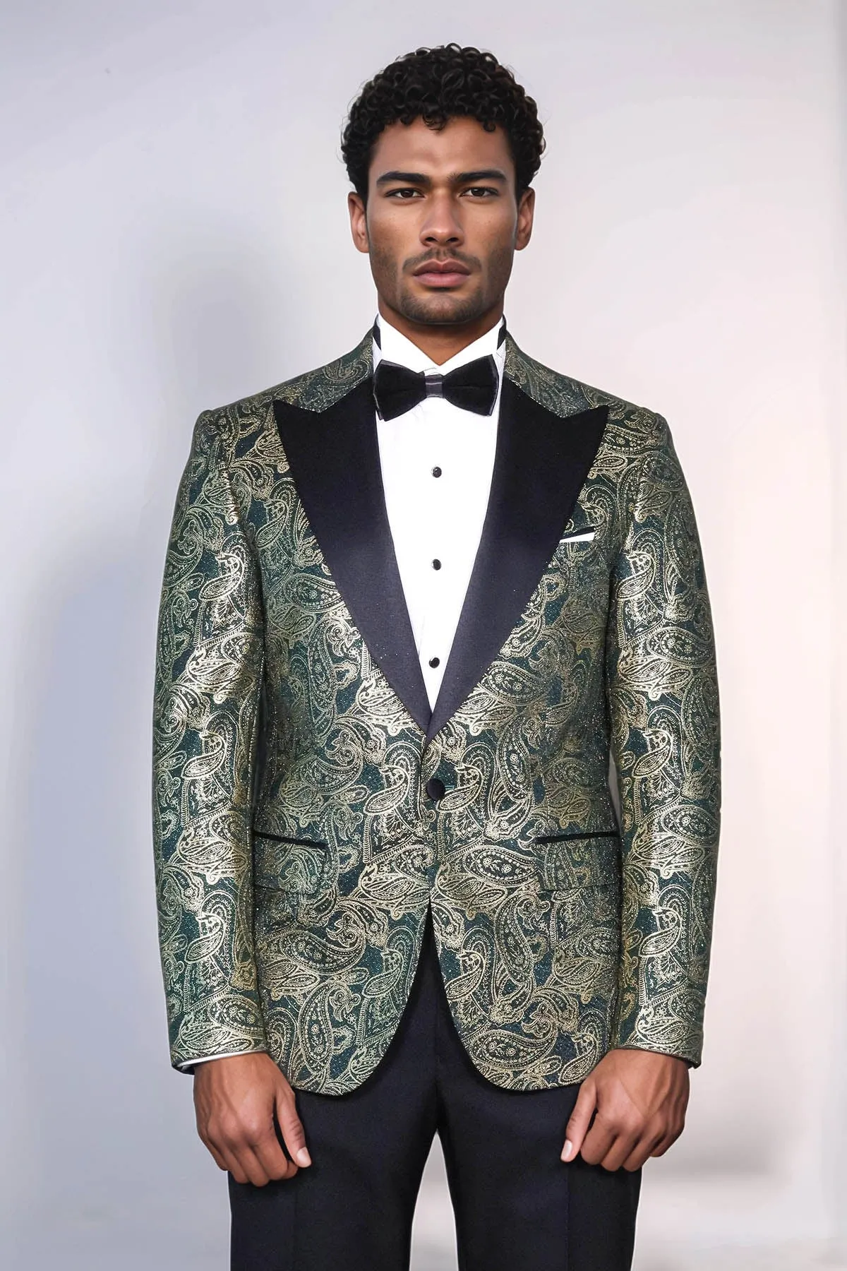 Paisley Peak Lapel Green Men Prom Blazer - Wessi