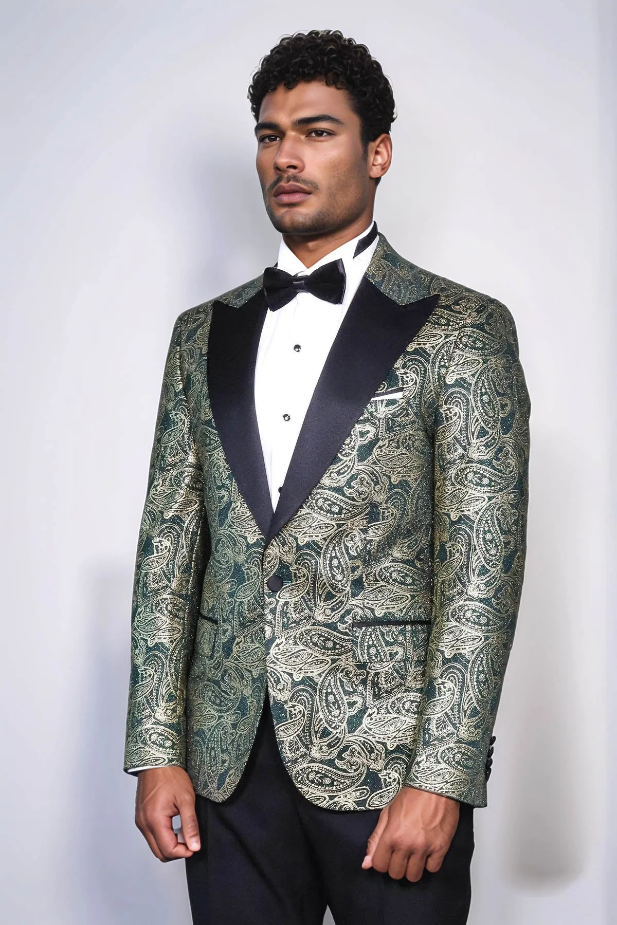 Paisley Peak Lapel Green Men Prom Blazer - Wessi