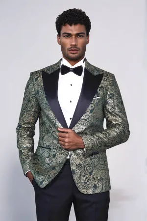 Paisley Peak Lapel Green Men Prom Blazer - Wessi