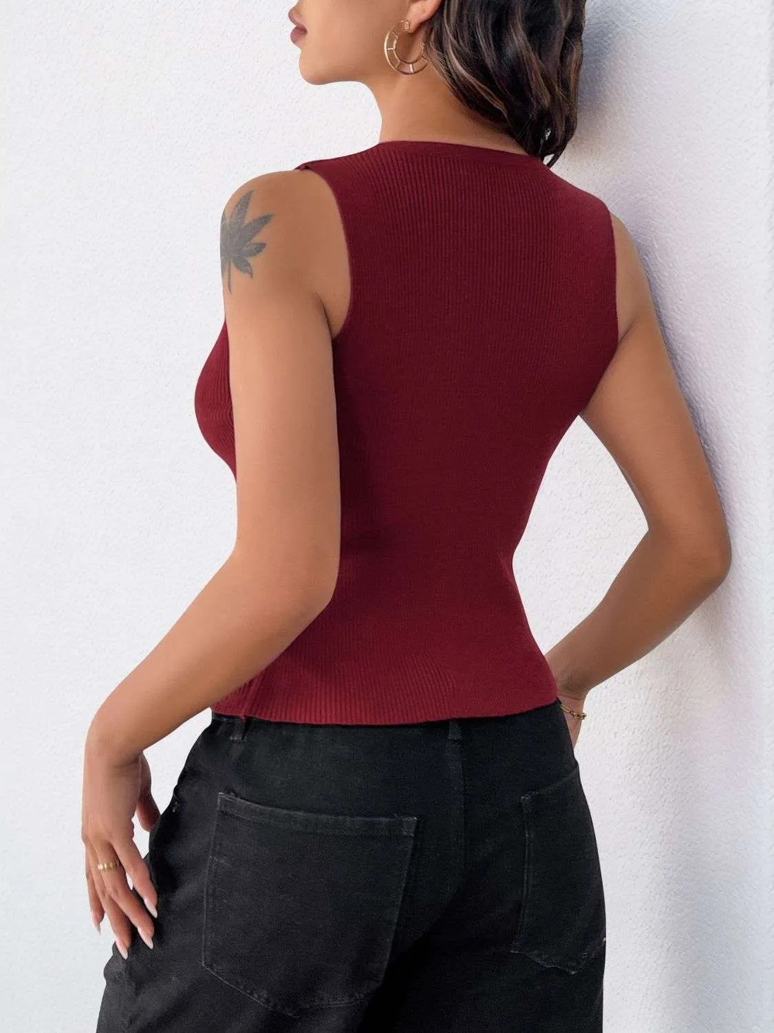 Perfee Ribbed Cropped Tank Top - Knot Button Detail
