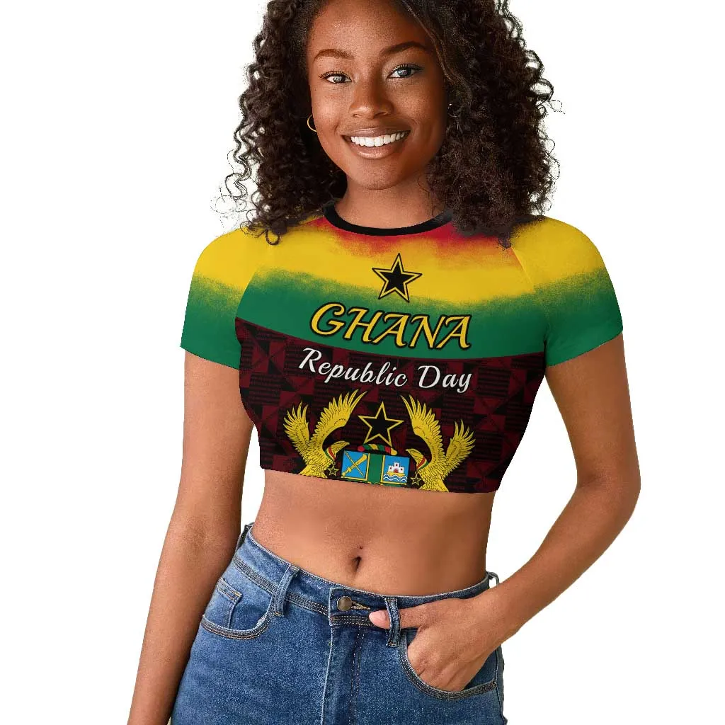 Personalised 1 July Ghana Republic Day Raglan Cropped T shirt African Pattern Mix Flag Unique Style LT14