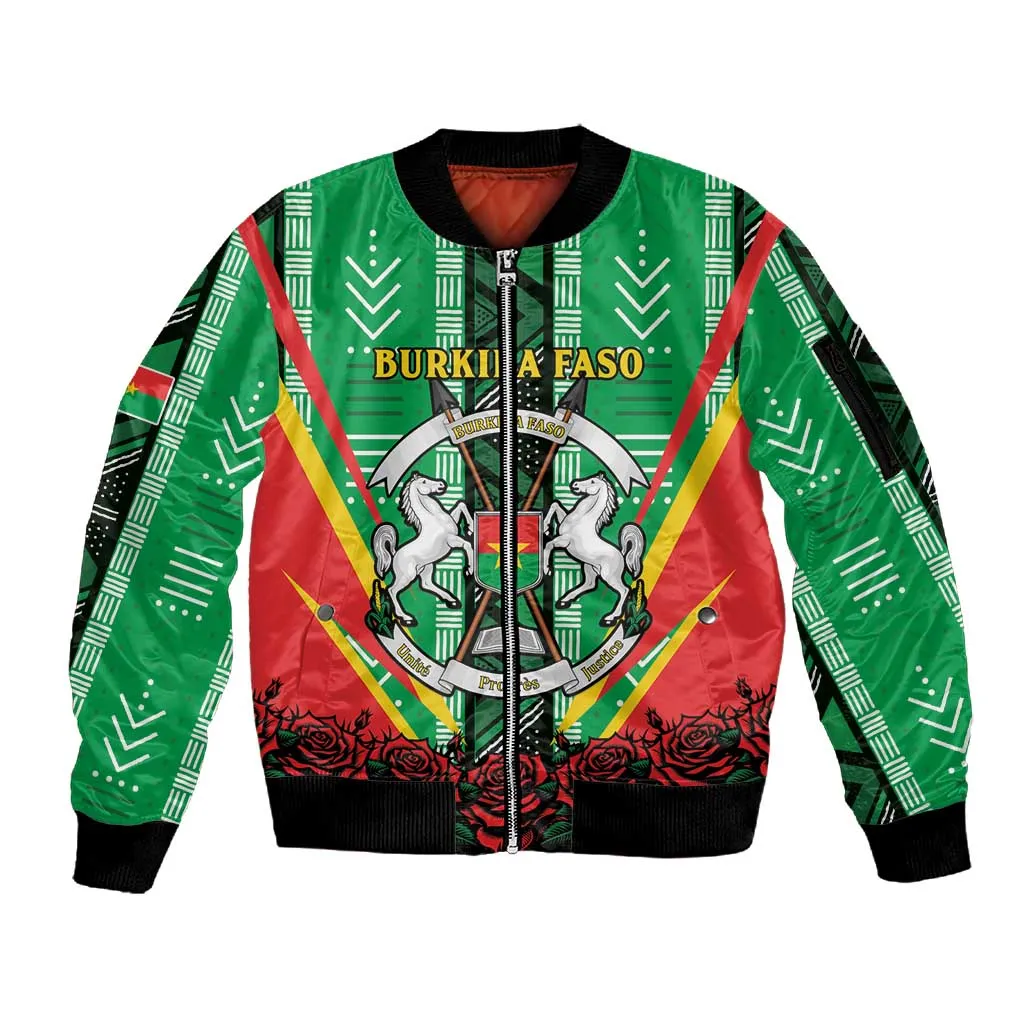 Personalised Afro Burkina Faso Sleeve Zip Bomber Jacket Coat Of Arms With Rose LT15