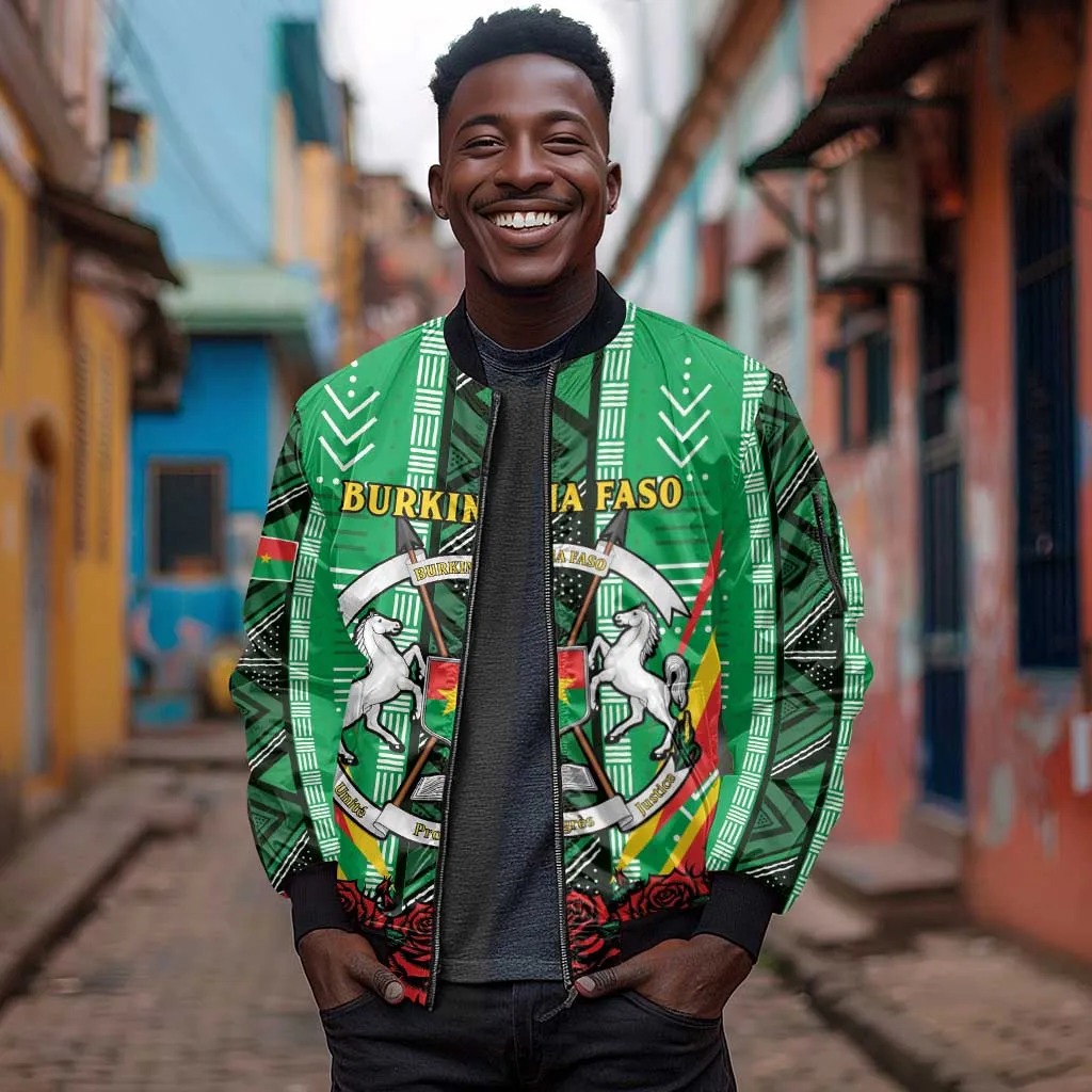 Personalised Afro Burkina Faso Sleeve Zip Bomber Jacket Coat Of Arms With Rose LT15