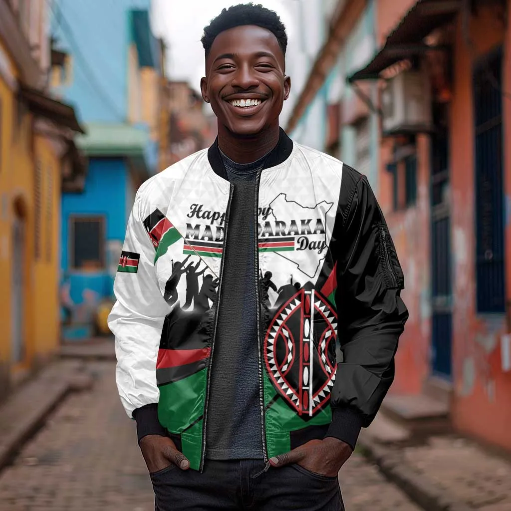Personalised Kenya Sleeve Zip Bomber Jacket Madaraka Day - Maasai Shield LT15