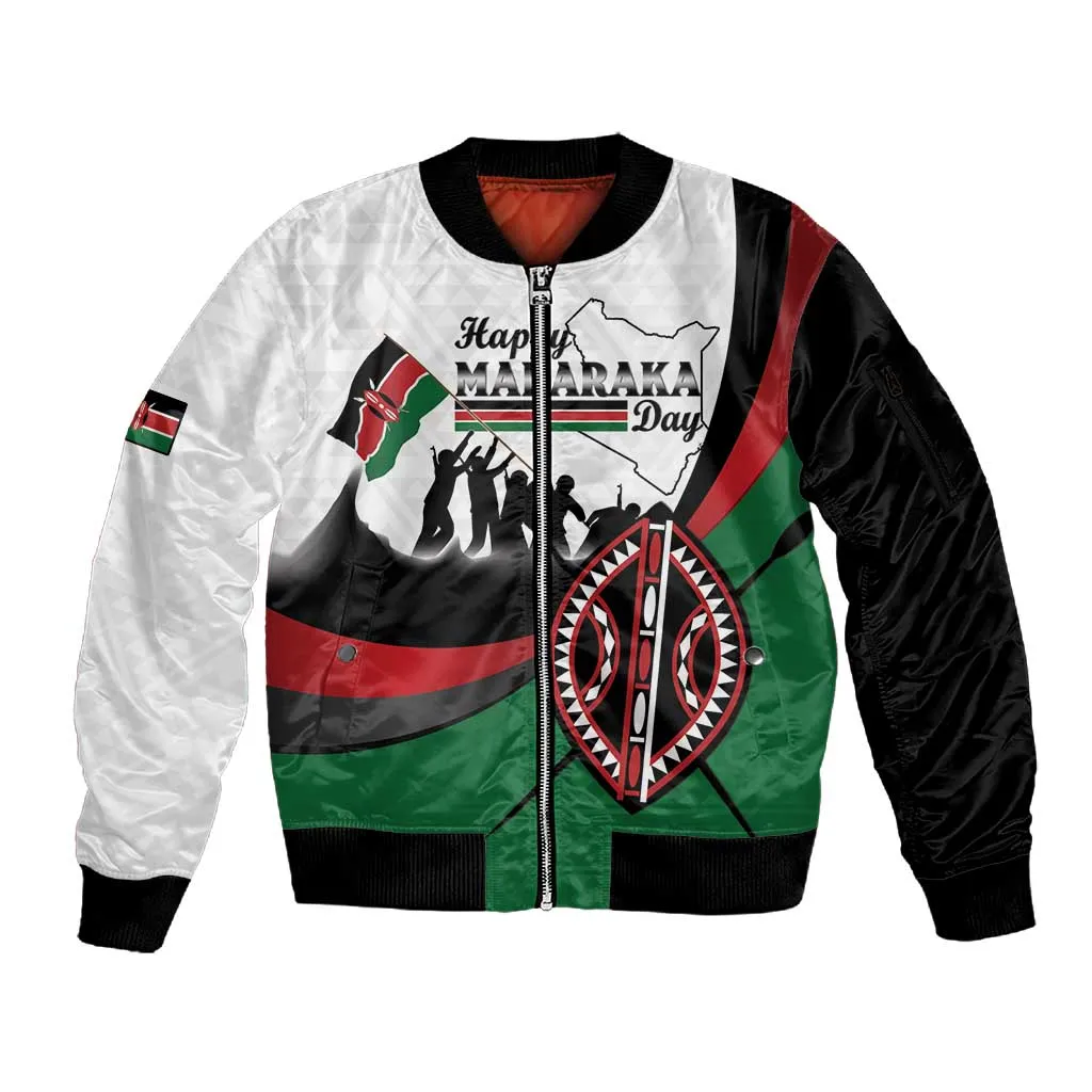 Personalised Kenya Sleeve Zip Bomber Jacket Madaraka Day - Maasai Shield LT15
