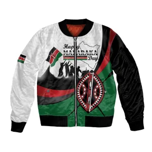 Personalised Kenya Sleeve Zip Bomber Jacket Madaraka Day - Maasai Shield LT15