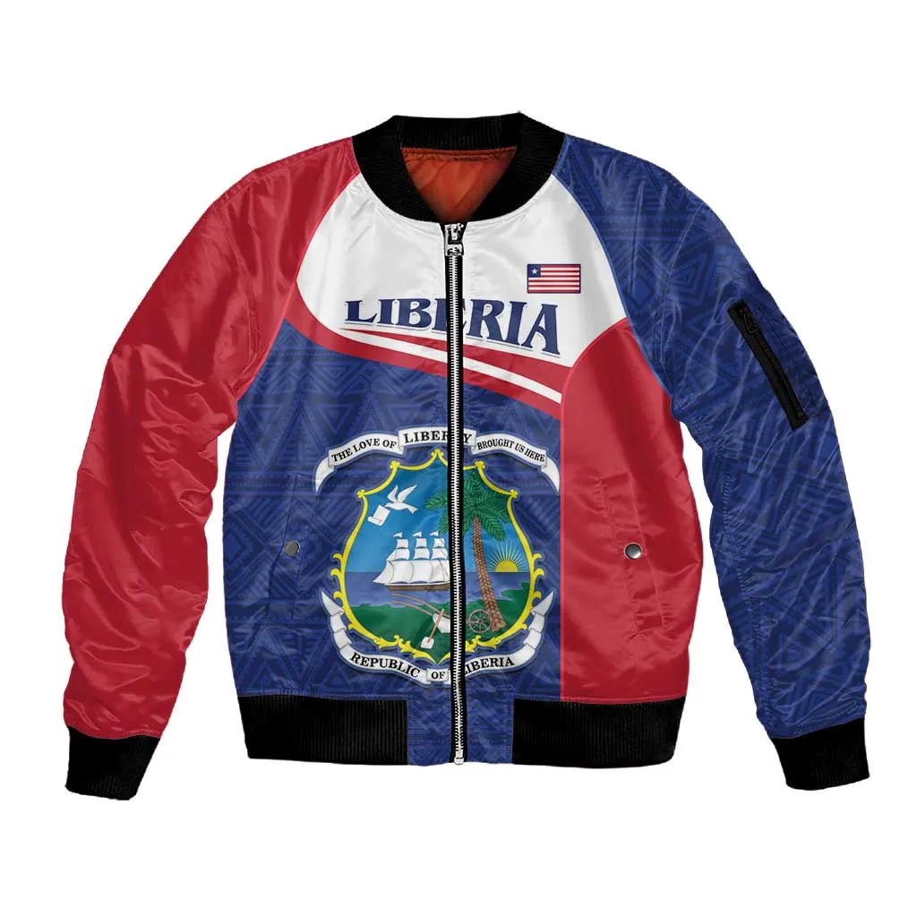 Personalised Liberia African Sleeve Zip Bomber Jacket Coat Of Arms Flag LT15