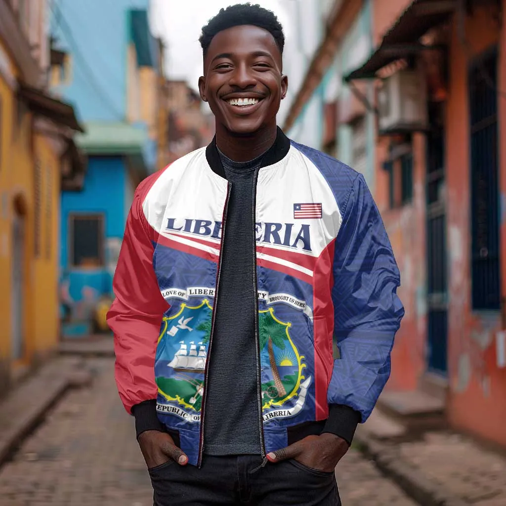 Personalised Liberia African Sleeve Zip Bomber Jacket Coat Of Arms Flag LT15