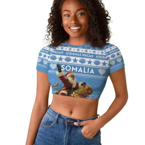 Personalized Afro Somalia Christmas Raglan Cropped T shirt Black Santa Riding Leopard - African Pattern LT15