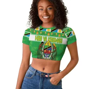 Personalized Afro Tanzania Christmas Raglan Cropped T shirt Heri ya Krismasi With Coat Of Arms LT18