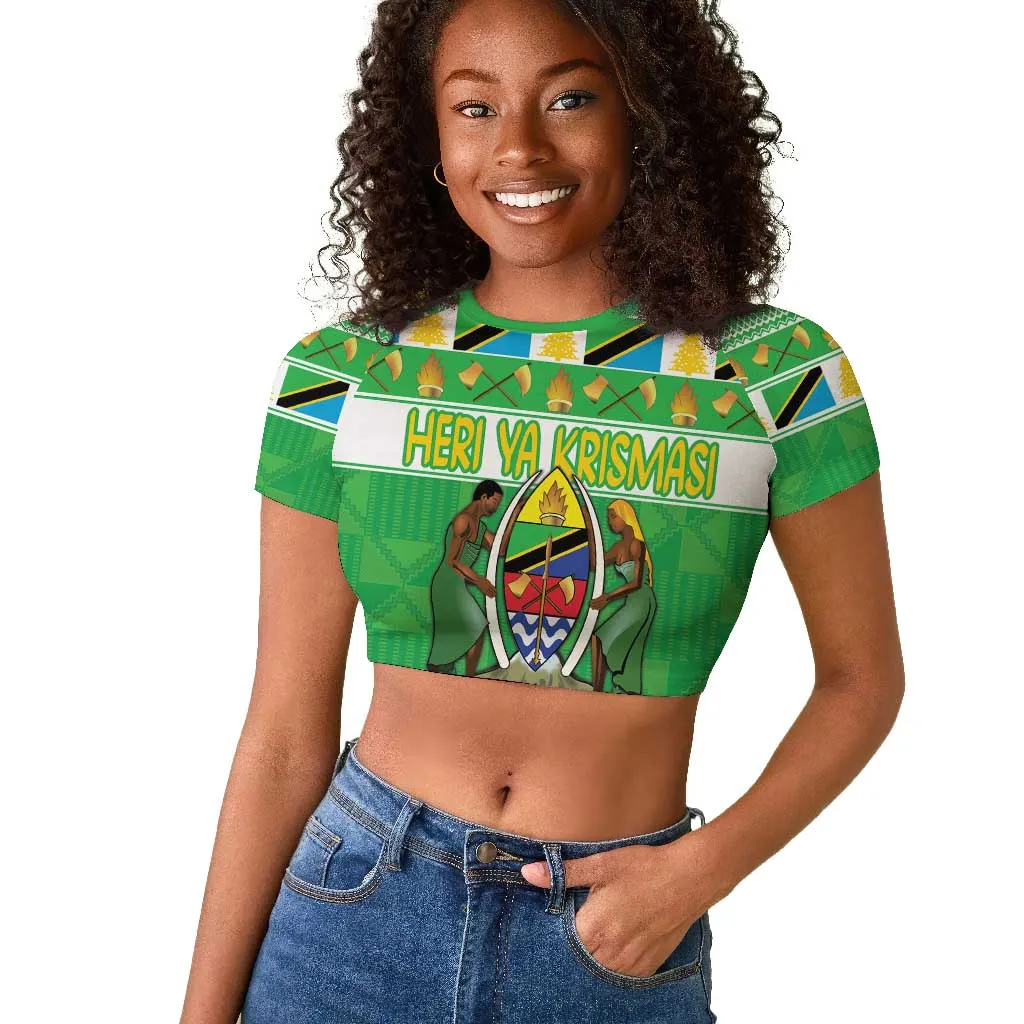 Personalized Afro Tanzania Christmas Raglan Cropped T shirt Heri ya Krismasi With Coat Of Arms LT18