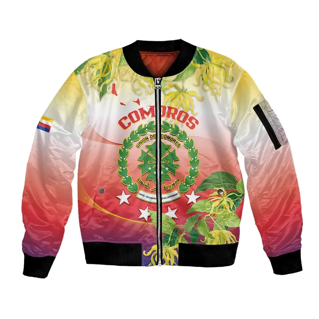 Personalized Comoros Sleeve Zip Bomber Jacket Coat Of Arms Mix Ylang Ylang Flower LT14