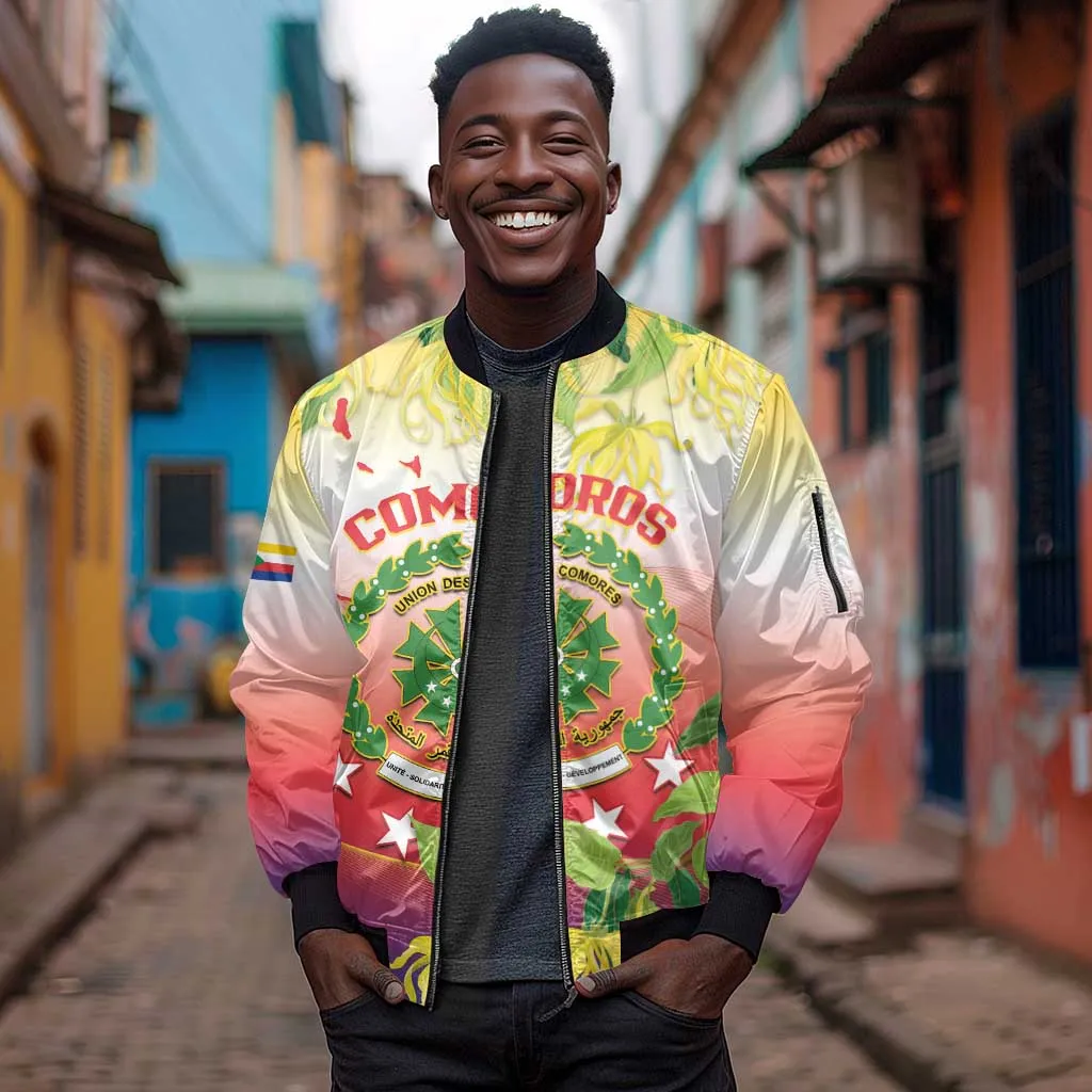 Personalized Comoros Sleeve Zip Bomber Jacket Coat Of Arms Mix Ylang Ylang Flower LT14
