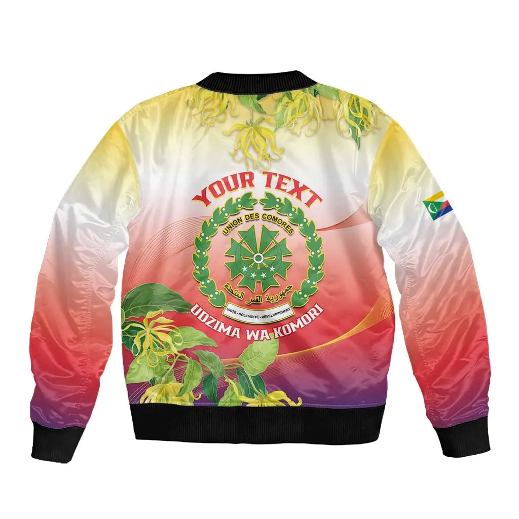 Personalized Comoros Sleeve Zip Bomber Jacket Coat Of Arms Mix Ylang Ylang Flower LT14