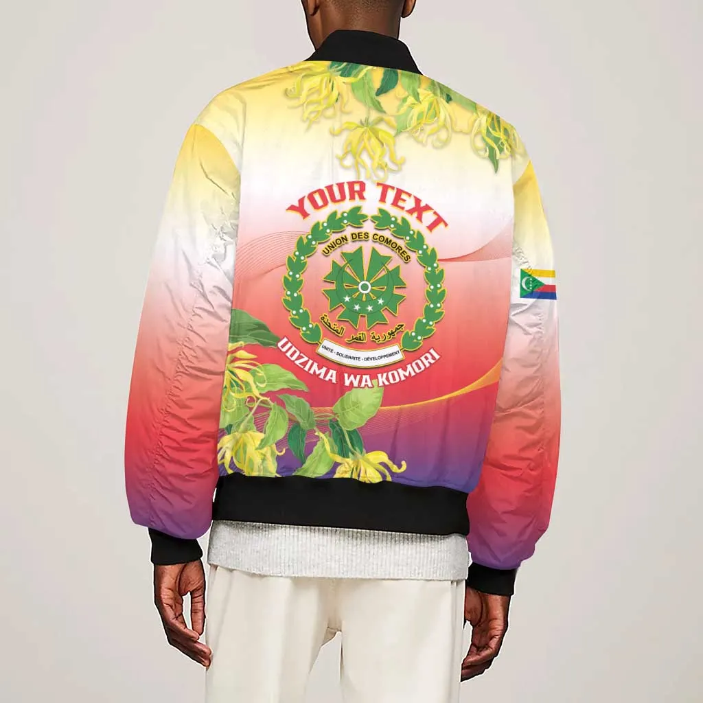 Personalized Comoros Sleeve Zip Bomber Jacket Coat Of Arms Mix Ylang Ylang Flower LT14