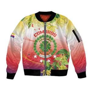 Personalized Comoros Sleeve Zip Bomber Jacket Coat Of Arms Mix Ylang Ylang Flower LT14