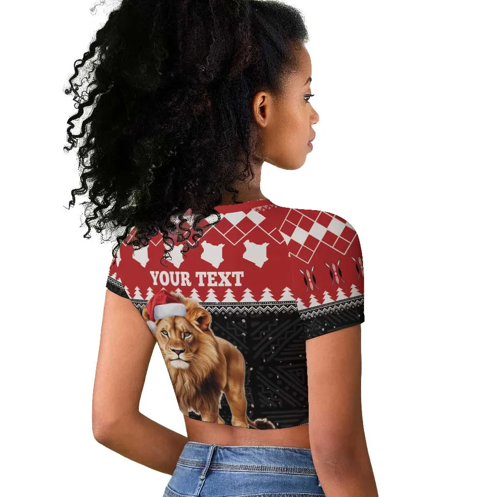 Personalized Kenya Christmas Raglan Cropped T shirt Lion Santa - Heri Ya Krismasi! LT14