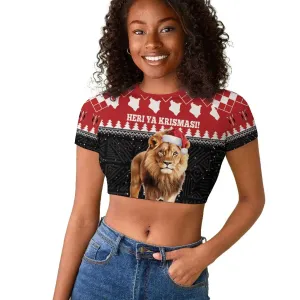 Personalized Kenya Christmas Raglan Cropped T shirt Lion Santa - Heri Ya Krismasi! LT14