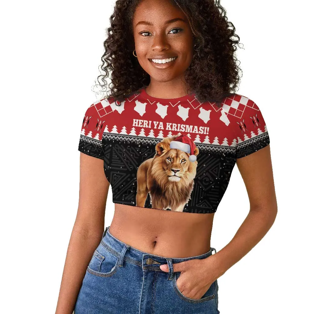 Personalized Kenya Christmas Raglan Cropped T shirt Lion Santa - Heri Ya Krismasi! LT14