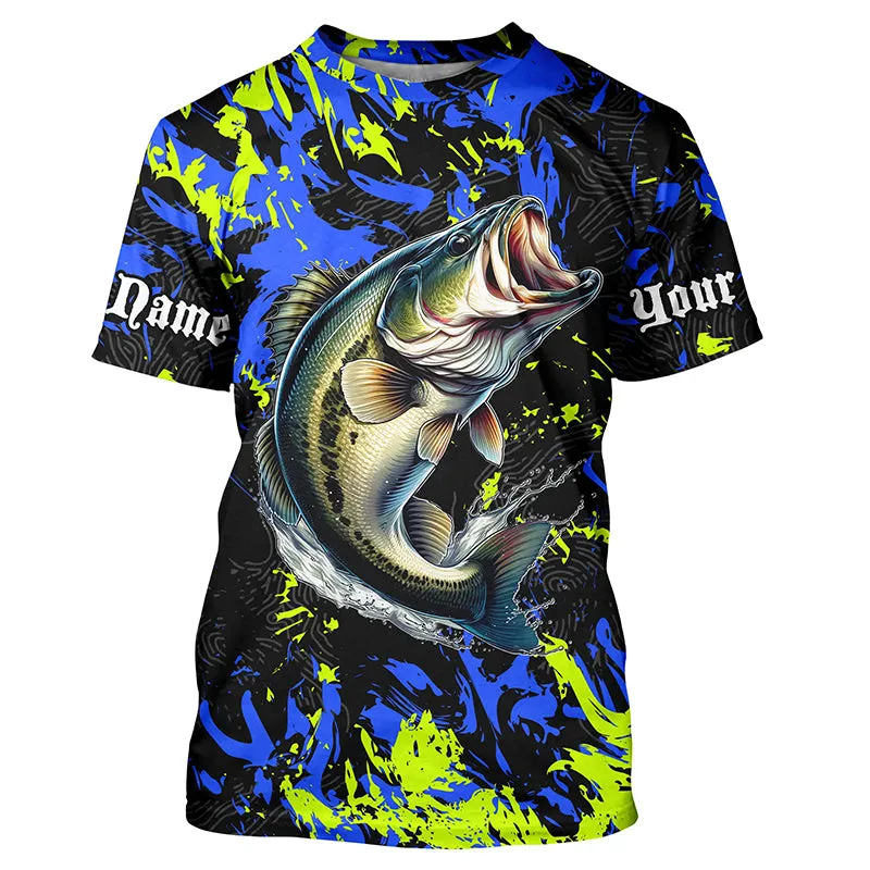 Personalized Largemouth Bass fishing green blue camo Fishing T-Shirts, gift for fishing lovers NQS7099