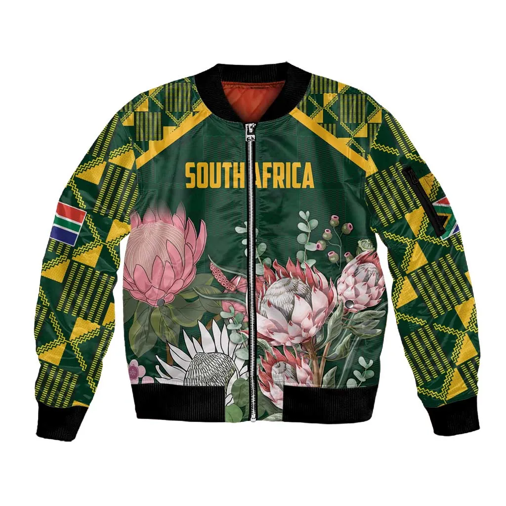 Personalized South Africa With Afro King Protea Sleeve Zip Bomber Jacket Kente Patterns LT18