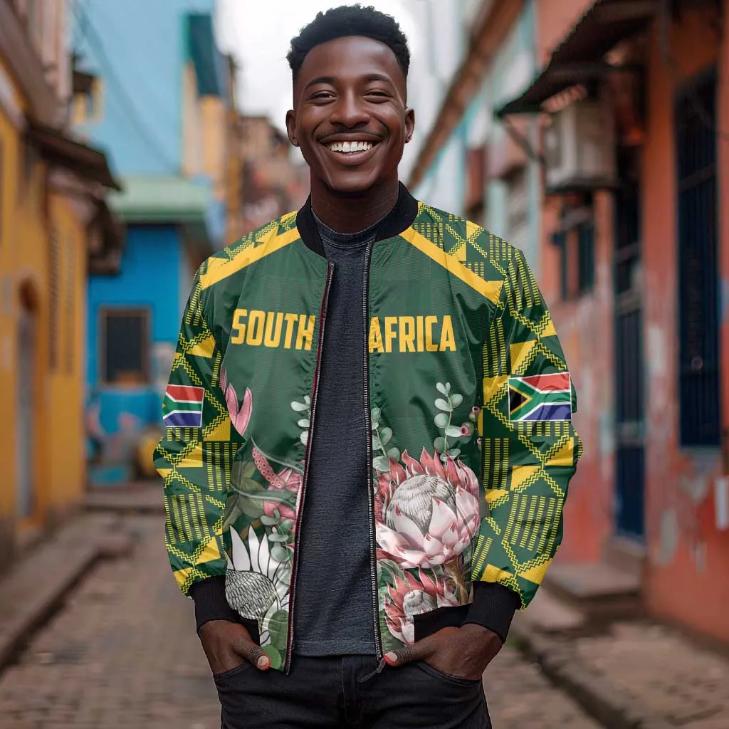 Personalized South Africa With Afro King Protea Sleeve Zip Bomber Jacket Kente Patterns LT18