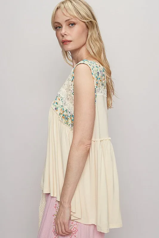 POL Lace Detail Frill Floral V-Neck Sleeveless Top