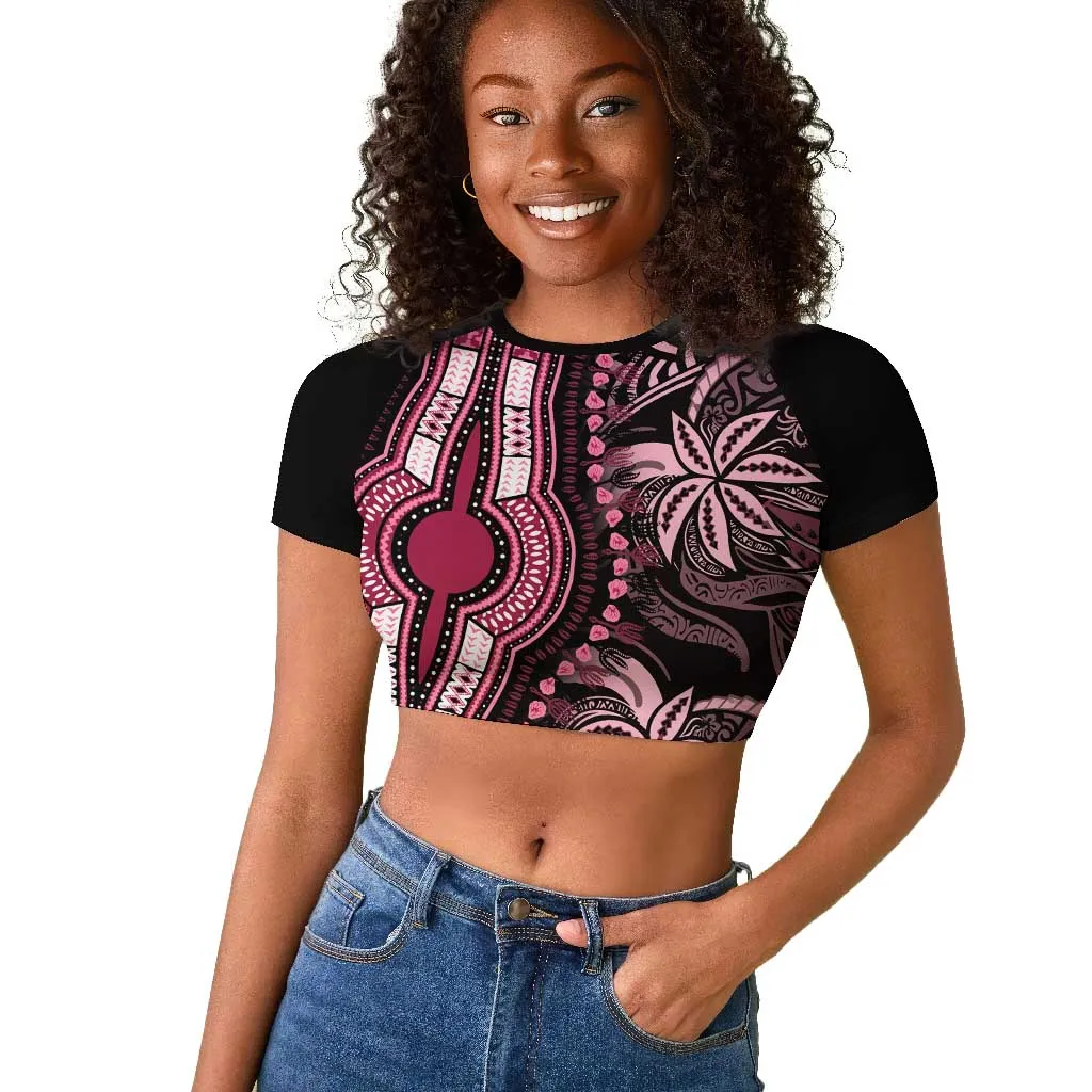 Polynesia Mixed African Dashiki Raglan Cropped T shirt Afro-pacific Culture - Pink LT9