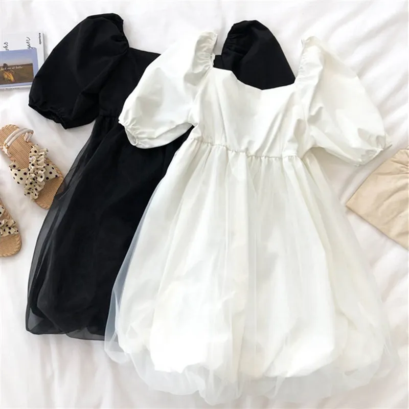 "CUTE BLACK/WHITE GAUZE PUFF" DRESS N041202