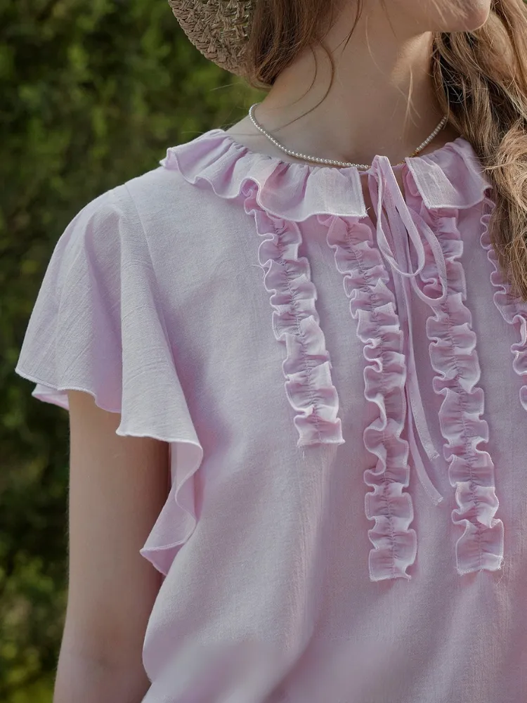 Raspberry Forest Ruffle Cotton Blouse