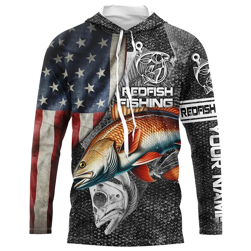 Redfish American flag patriotic Customize Name UV protection long sleeves fishing shirt for men NPQ59