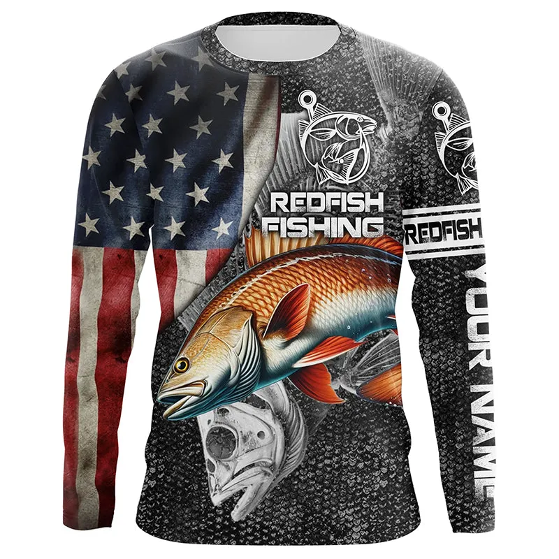 Redfish American flag patriotic Customize Name UV protection long sleeves fishing shirt for men NPQ59