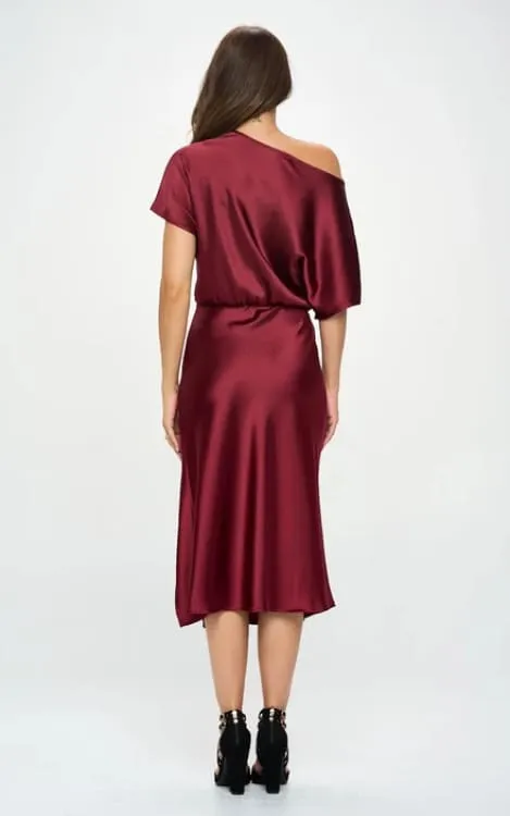 Renee C.- Stretch Satin Blouson Dress in Burgundy