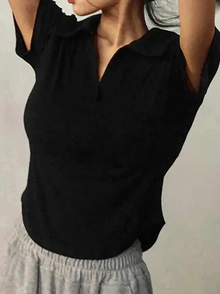 Retro Chic™ | Women's V-Neck Crop Top | Solid Color, Short Sleeve, Lightweight Pullover for Summer Style