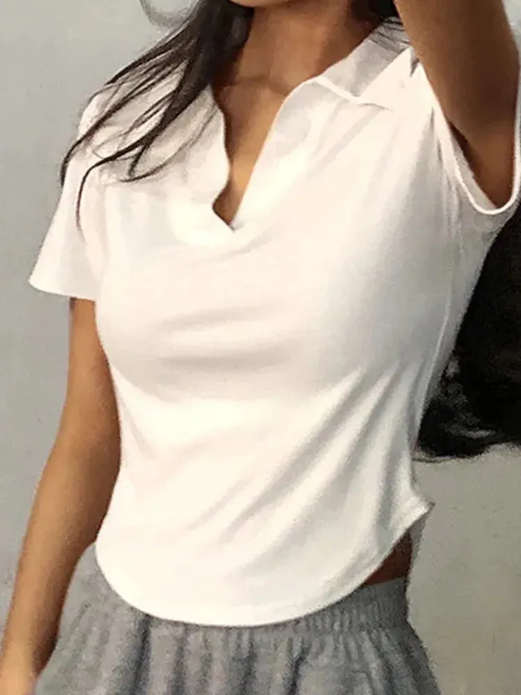 Retro Chic™ | Women's V-Neck Crop Top | Solid Color, Short Sleeve, Lightweight Pullover for Summer Style
