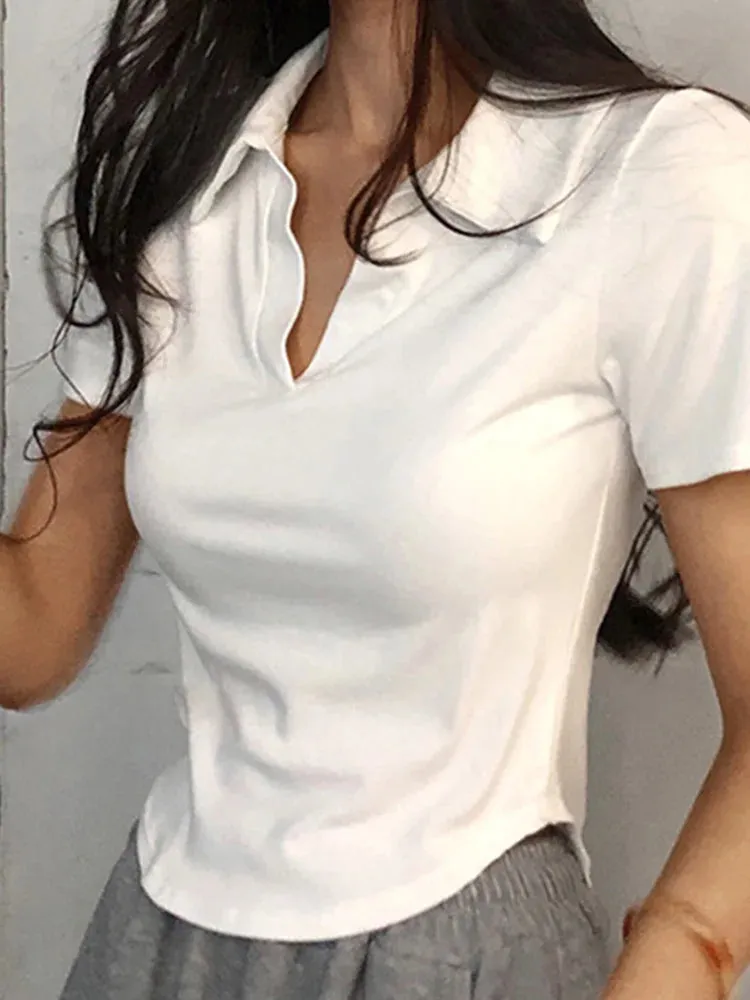 Retro Chic™ | Women's V-Neck Crop Top | Solid Color, Short Sleeve, Lightweight Pullover for Summer Style