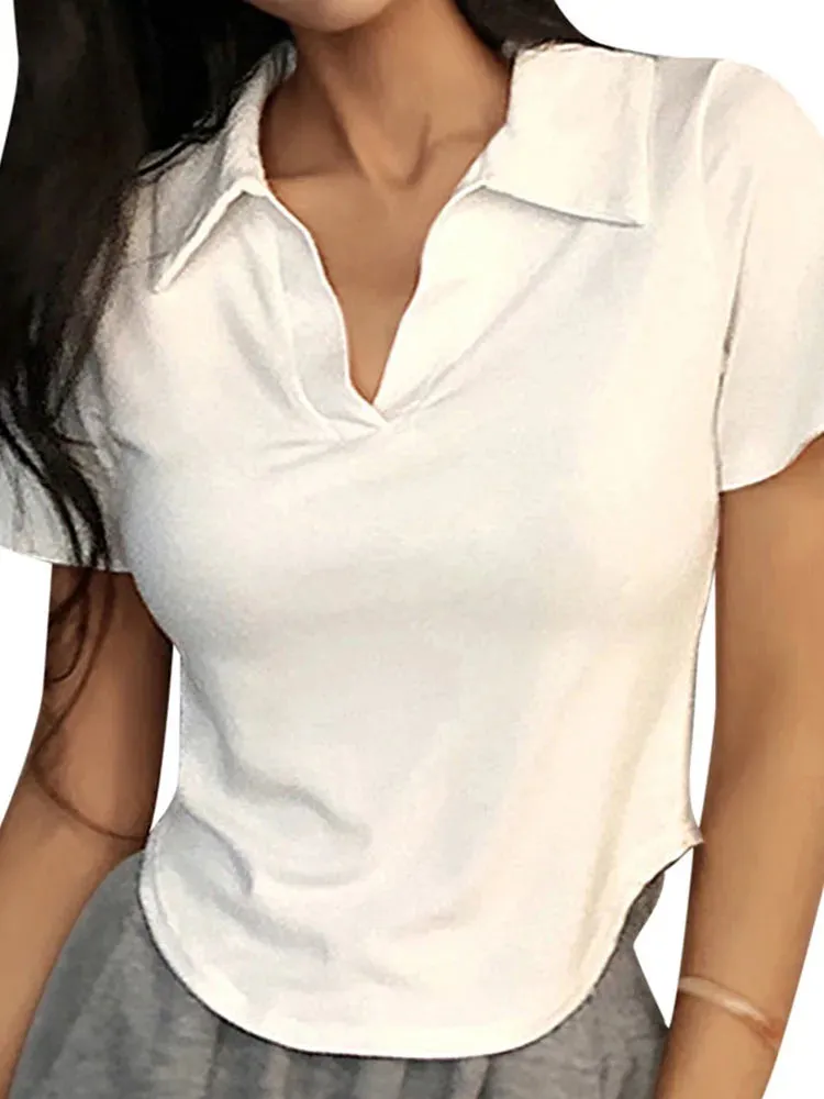 Retro Chic™ | Women's V-Neck Crop Top | Solid Color, Short Sleeve, Lightweight Pullover for Summer Style