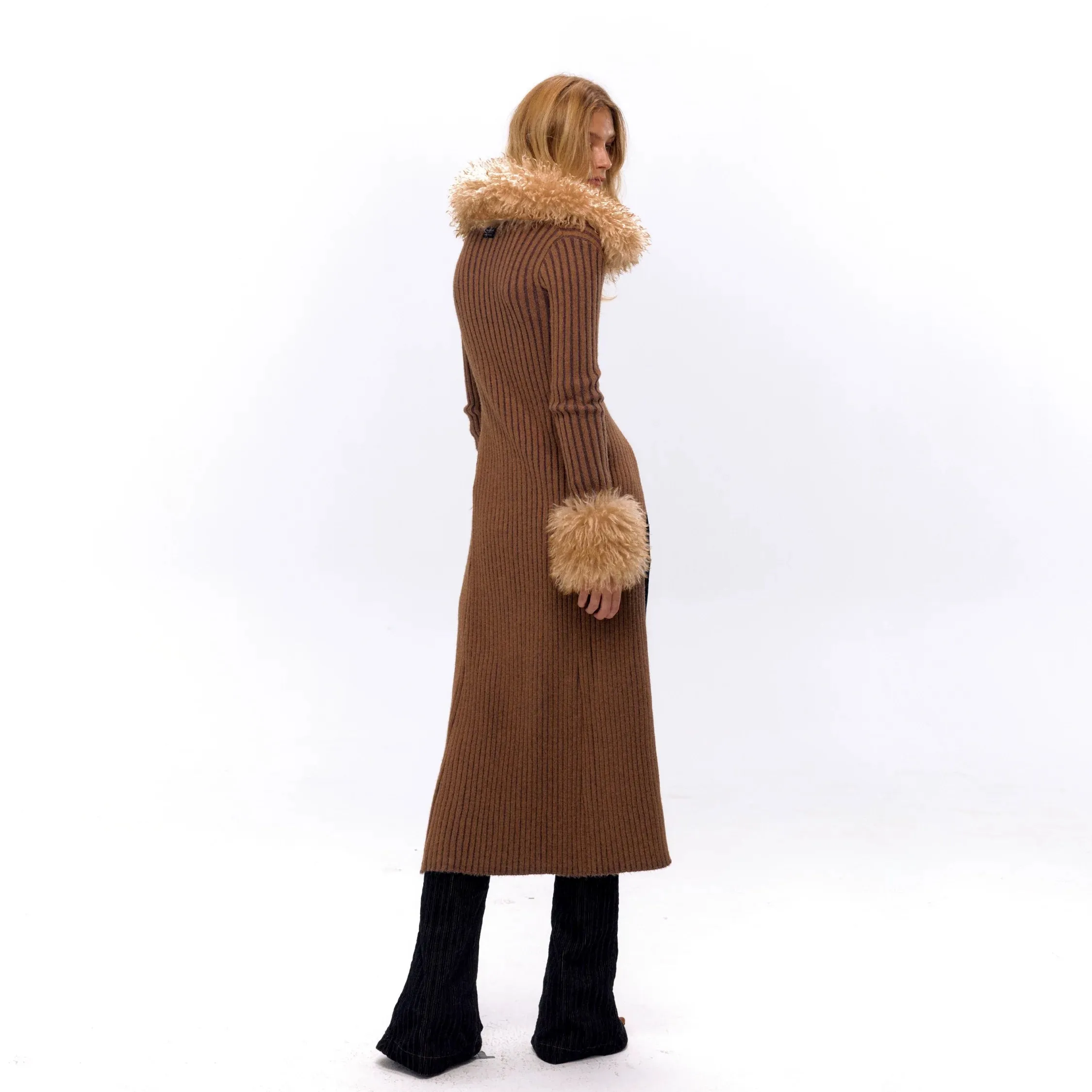 Ribbed Fur Collar Cardigan