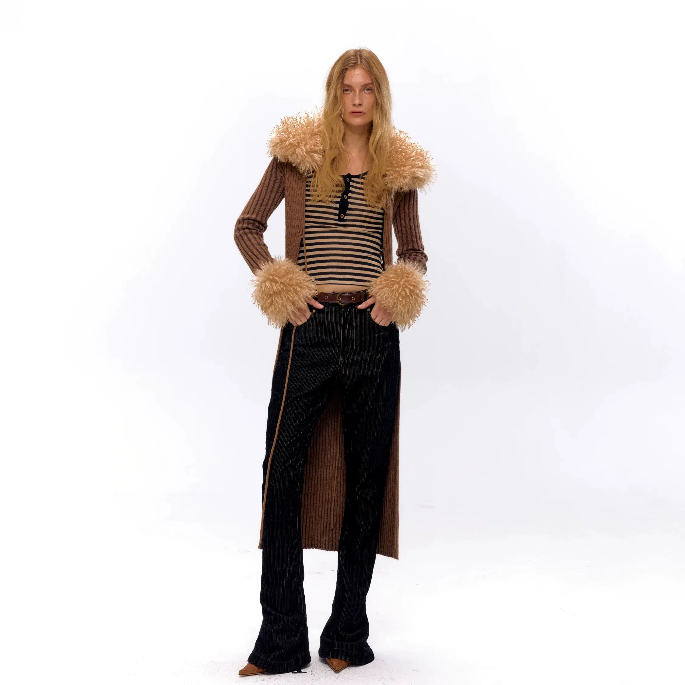 Ribbed Fur Collar Cardigan